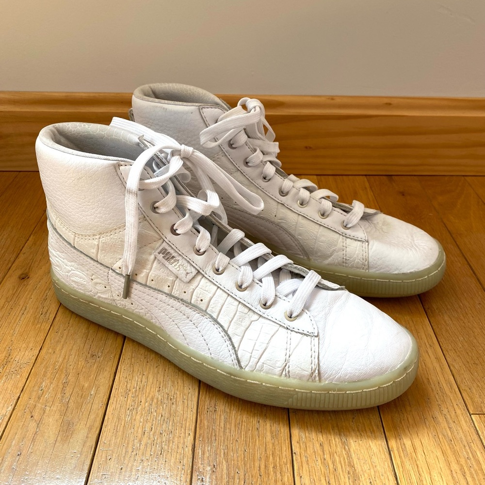 Puma White Snake Embossed Leather Hi Tops Sz 10/41